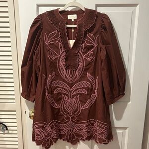 Entro Brown Embroidered Dress Medium